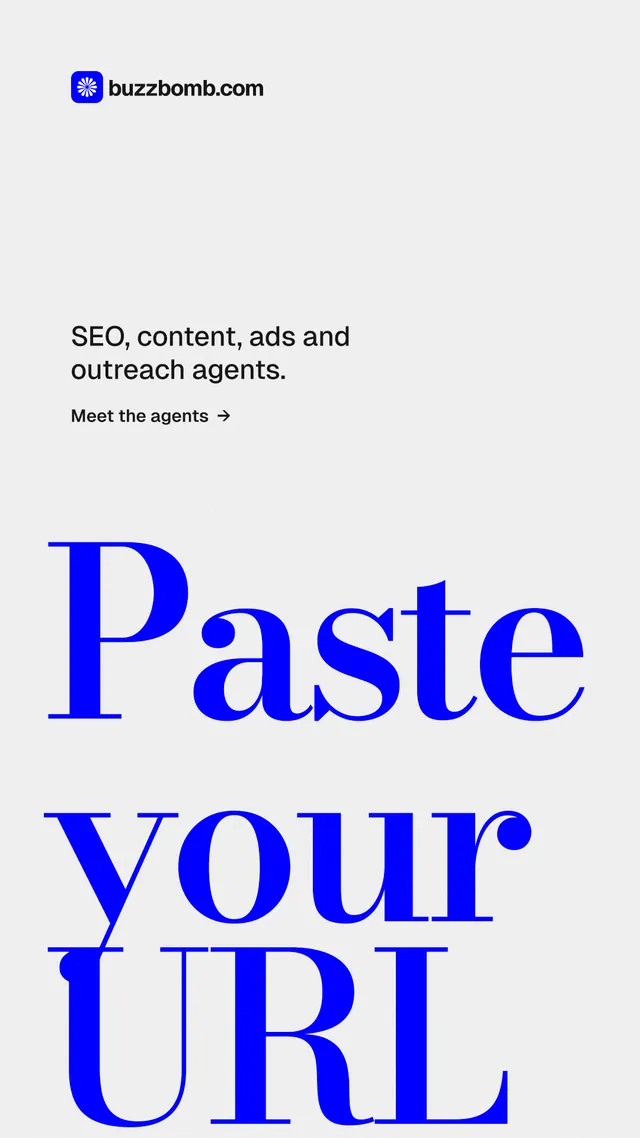 Instagram story for BuzzBomb: "Paste your URL." Minimal luxury style, oversized layout, light palette in white, blue.
