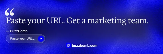 X header for BuzzBomb: "Your AI marketing team." Agentic glass style, quote layout, dark palette in blue.