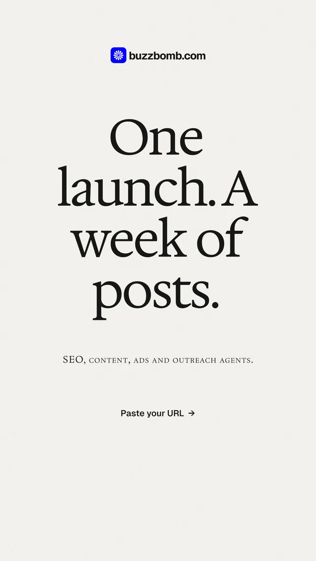 Instagram story for BuzzBomb: "One launch. A week of posts." Swiss style, smallcaps layout, light palette in white, grey.