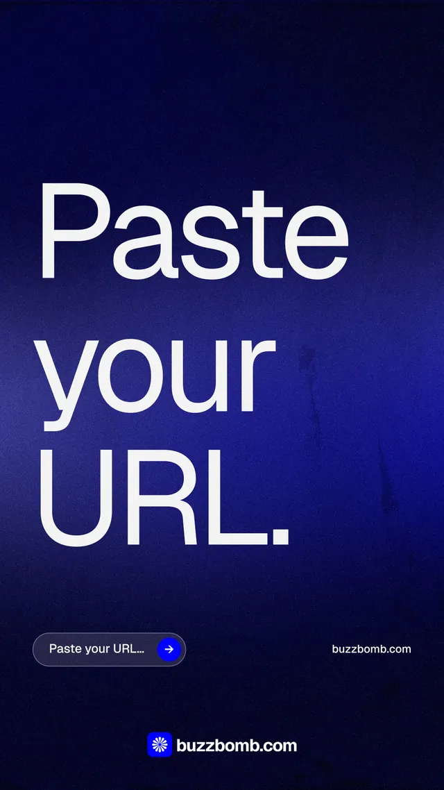 Instagram story for BuzzBomb: "Paste your URL." Agentic glass style, poster layout, dark palette in blue, black, grey.