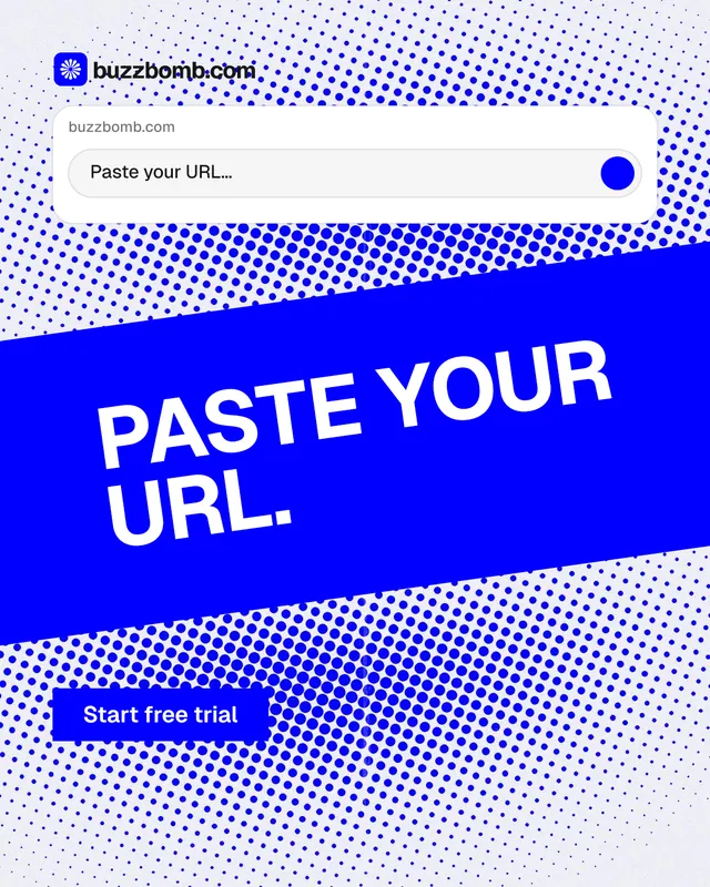 Instagram portrait post for BuzzBomb: "Paste your URL." Split block style, diagonal layout, light palette in blue, white.