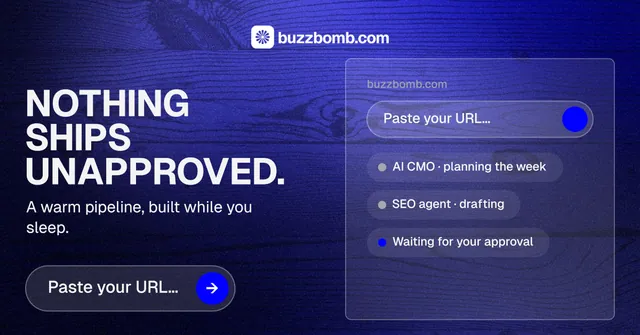 Social ad for BuzzBomb: "Nothing ships unapproved." Agentic glass style, bottom layout, dark palette in blue.