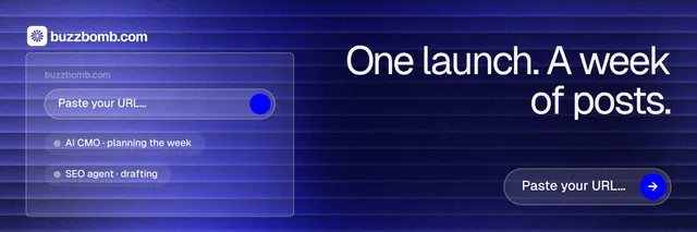 X header for BuzzBomb: "One launch. A week of posts." Agentic glass style, right layout, dark palette in blue.