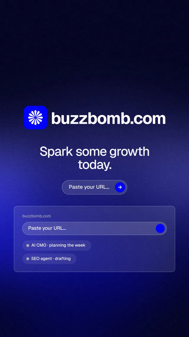 Instagram story for BuzzBomb: "Spark some growth today." Agentic glass style, logo hero layout, dark palette in black, blue.