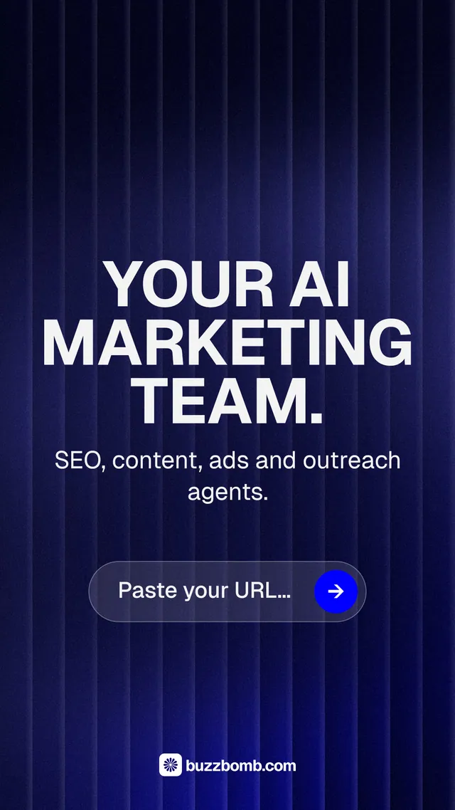 Instagram story for BuzzBomb: "Your AI marketing team." Agentic glass style, skeleton layout, dark palette in blue, black, grey.