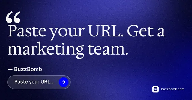 Social ad for BuzzBomb: "One launch. A week of posts." Agentic glass style, quote layout, dark palette in blue, grey.