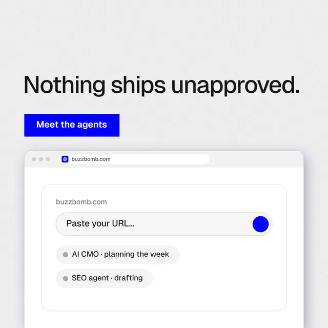 Instagram post for BuzzBomb: "Nothing ships unapproved." Swiss style, browser layout, light palette in white, blue.