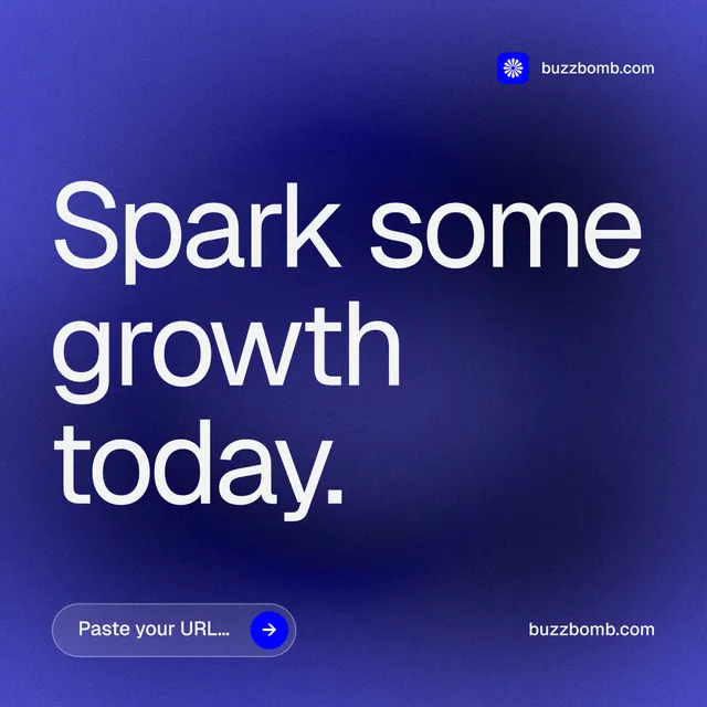 Instagram post for BuzzBomb: "Spark some growth today." Agentic glass style, poster layout, dark palette in blue.