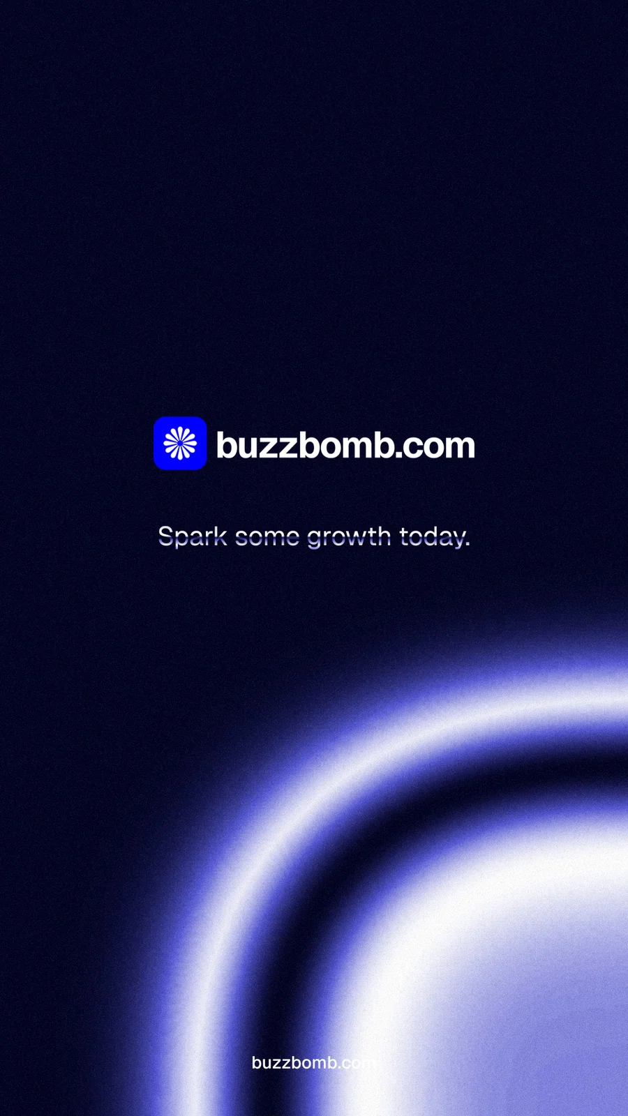 Instagram story for BuzzBomb: "Spark some growth today." Agentic glass style, end card layout, dark palette in black, blue.