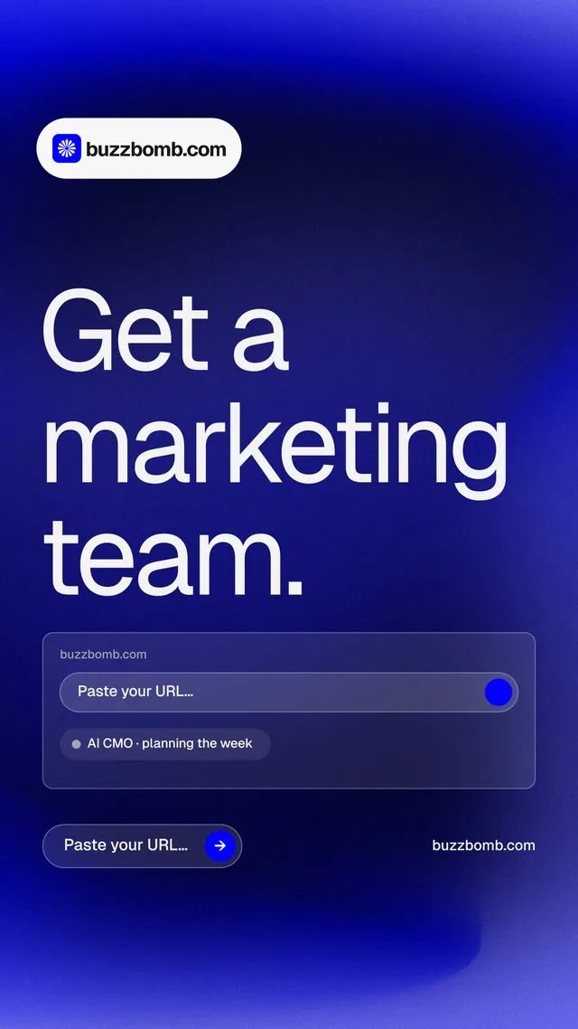 Instagram story for BuzzBomb: "Get a marketing team." Agentic glass style, poster layout, dark palette in blue.