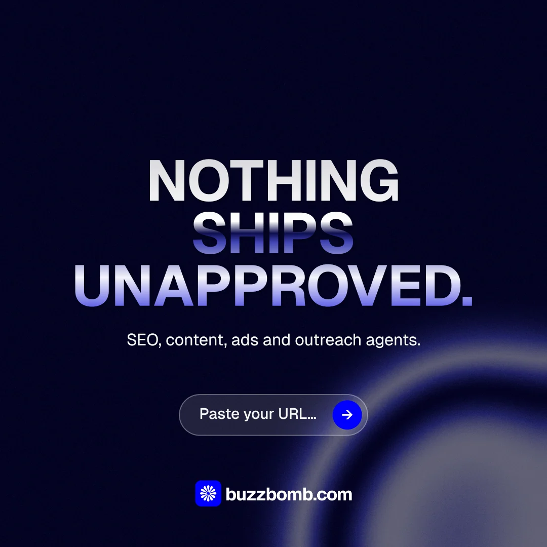 Instagram post for BuzzBomb: "Nothing ships unapproved." Agentic glass style, centred layout, dark palette in black, blue.
