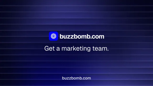 Landscape graphic for BuzzBomb: "Get a marketing team." Agentic glass style, end card layout, dark palette in blue, black.