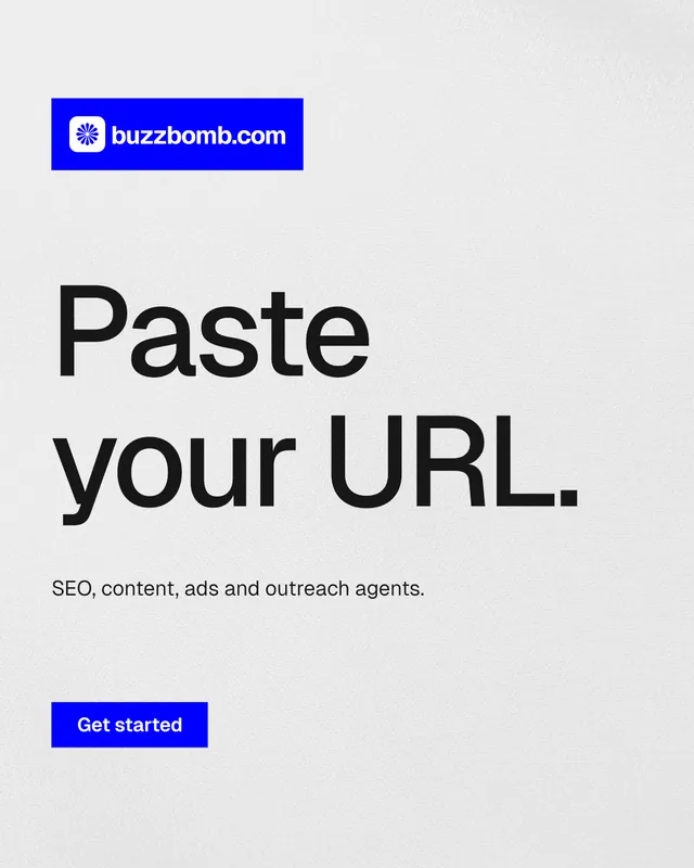 Instagram portrait post for BuzzBomb: "Paste your URL." Swiss style, announce layout, light palette in white, blue.