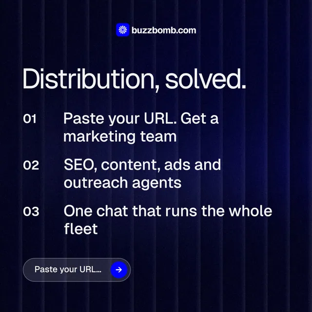 Instagram post for BuzzBomb: "Distribution, solved." Agentic glass style, numbered layout, dark palette in black, blue, grey.