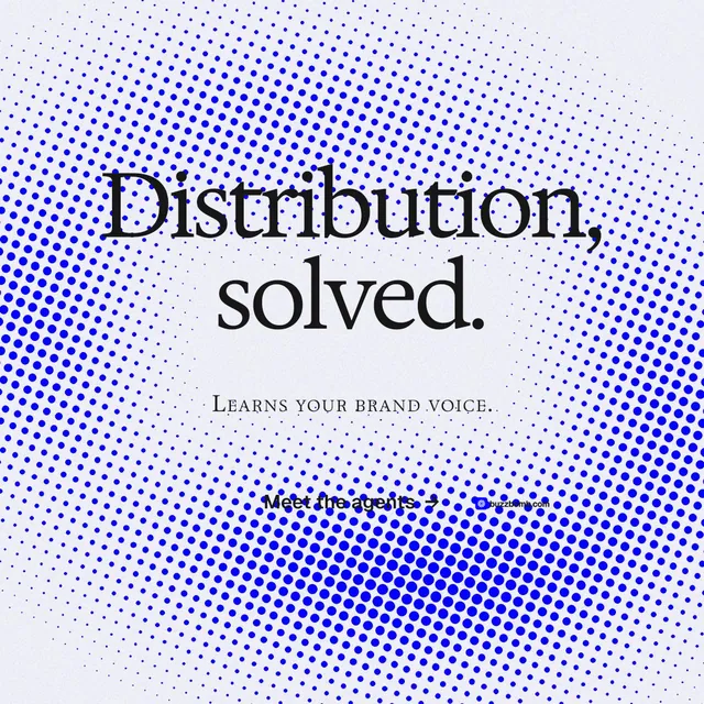 Instagram post for BuzzBomb: "Distribution, solved." Swiss style, smallcaps layout, light palette in blue, white.