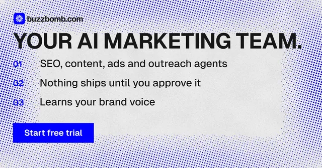 Social ad for BuzzBomb: "Your AI marketing team." Swiss style, numbered layout, light palette in blue, white.