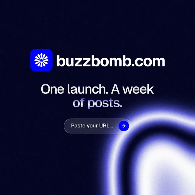 Instagram post for BuzzBomb: "One launch. A week of posts." Agentic glass style, logo hero layout, dark palette in black, blue.