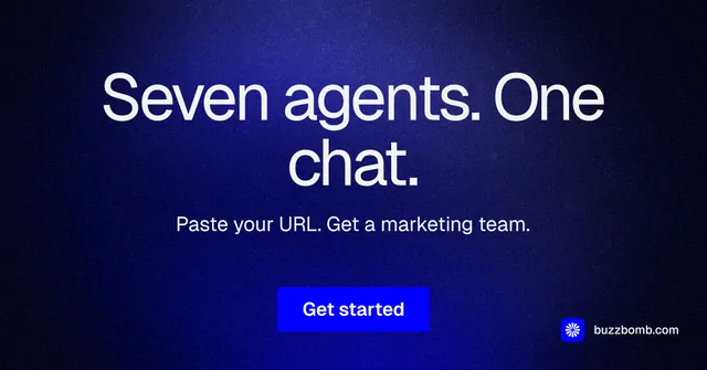 Social ad for BuzzBomb: "Seven agents. One chat." Swiss style, centred layout, dark palette in black, blue.