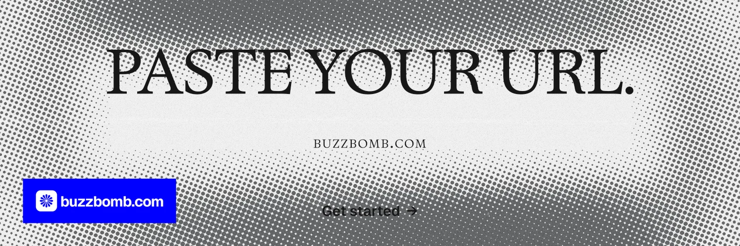 X header for BuzzBomb: "Paste your URL." Brutalist style, smallcaps layout, light palette in grey, white.
