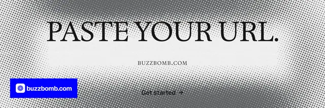 X header for BuzzBomb: "Paste your URL." Brutalist style, smallcaps layout, light palette in grey, white.