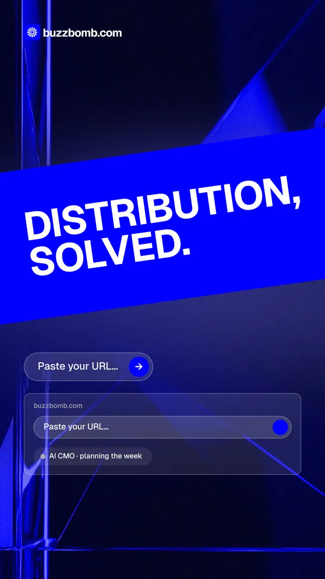 Instagram story for BuzzBomb: "Distribution, solved." Agentic glass style, diagonal layout, dark palette in black, blue.
