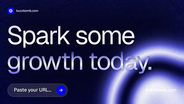 Landscape graphic for BuzzBomb: "Spark some growth today." Agentic glass style, poster layout, dark palette in black, blue.