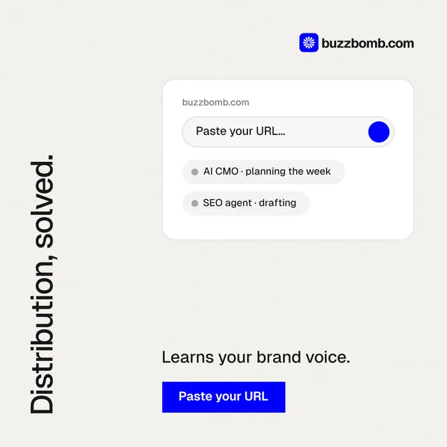 Instagram post for BuzzBomb: "Distribution, solved." Swiss style, vertical layout, light palette in white, blue.