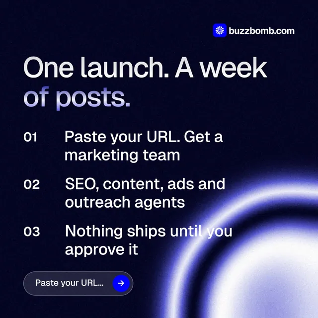 Instagram post for BuzzBomb: "One launch. A week of posts." Agentic glass style, numbered layout, dark palette in black, blue.