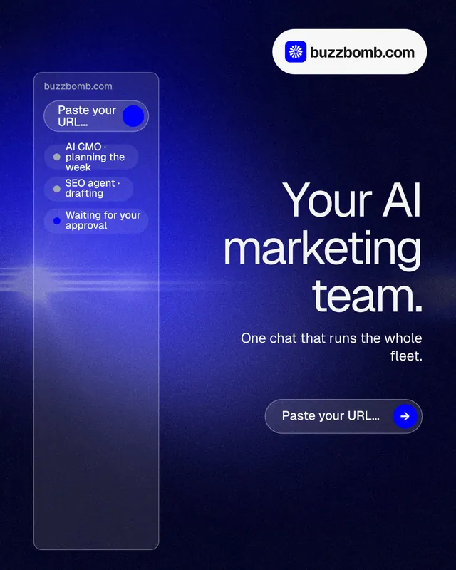 Instagram portrait post for BuzzBomb: "Your AI marketing team." Agentic glass style, right layout, dark palette in black, blue.