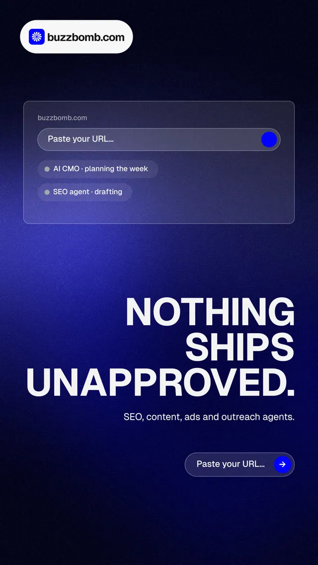 Instagram story for BuzzBomb: "Nothing ships unapproved." Agentic glass style, right layout, dark palette in black, blue, grey.