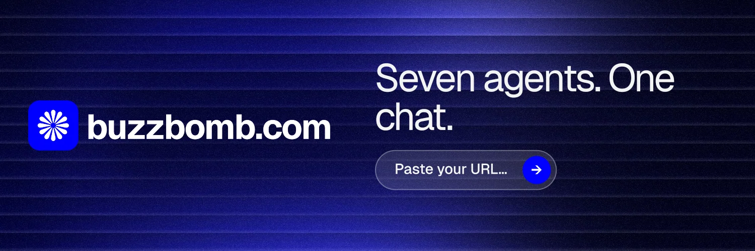 X header for BuzzBomb: "Seven agents. One chat." Agentic glass style, logo hero layout, dark palette in blue, black.