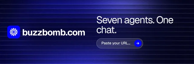 X header for BuzzBomb: "Seven agents. One chat." Agentic glass style, logo hero layout, dark palette in blue, black.