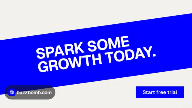 Landscape graphic for BuzzBomb: "Spark some growth today." Swiss style, diagonal layout, light palette in blue, white.