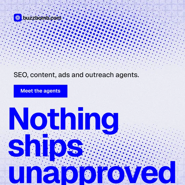 Instagram post for BuzzBomb: "Your AI marketing team." Swiss style, oversized layout, light palette in blue, white.