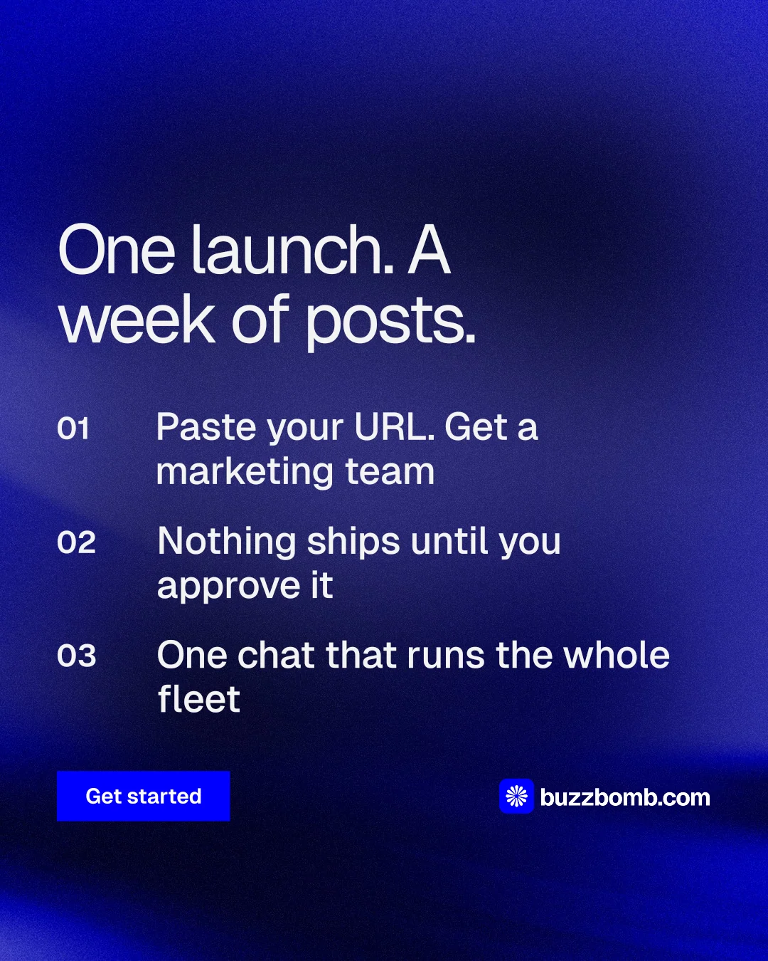 Instagram portrait post for BuzzBomb: "One launch. A week of posts." Swiss style, numbered layout, dark palette in blue.