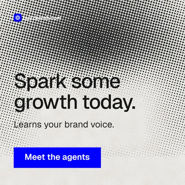Instagram post for BuzzBomb: "Spark some growth today." Swiss style, skeleton layout, light palette in grey, blue, white.