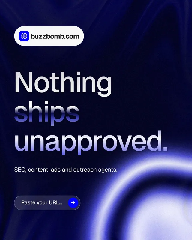 Instagram portrait post for BuzzBomb: "Nothing ships unapproved." Agentic glass style, announce layout, dark palette in black, blue.