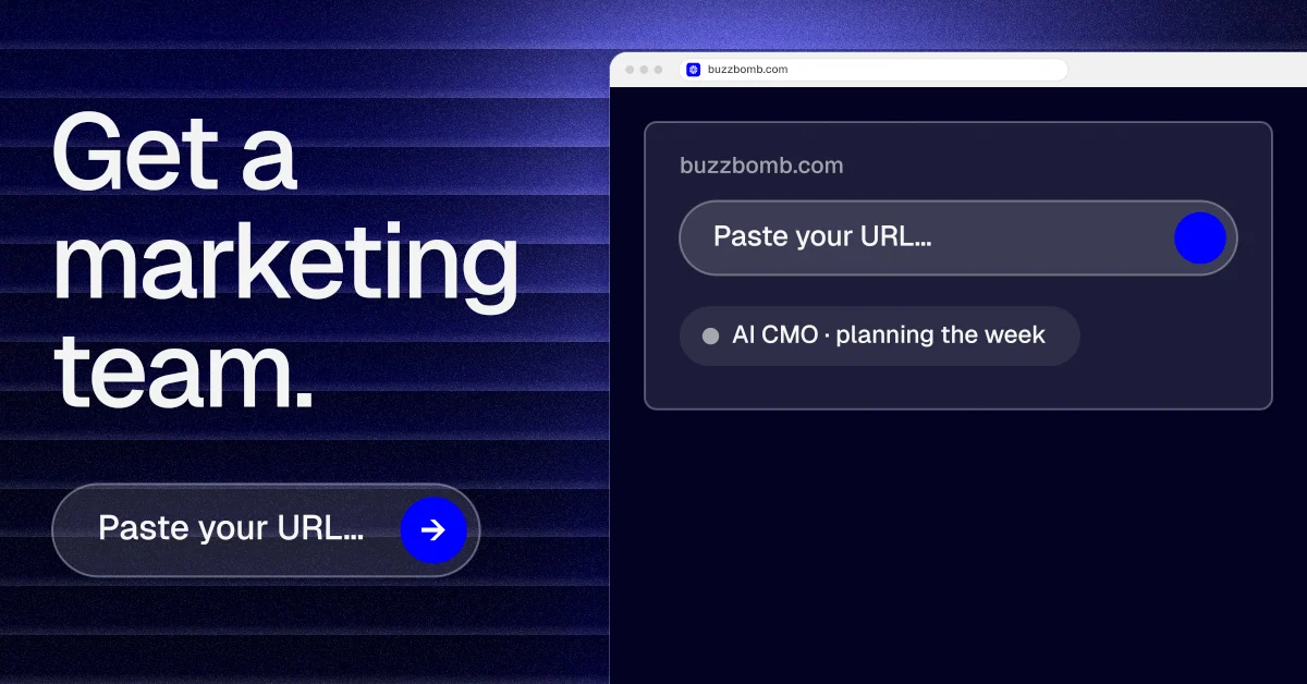 Social ad for BuzzBomb: "Get a marketing team." Agentic glass style, browser layout, dark palette in blue, black, grey.