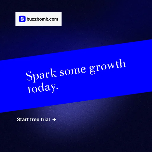 Instagram post for BuzzBomb: "Spark some growth today." Minimal luxury style, diagonal layout, dark palette in black, blue.