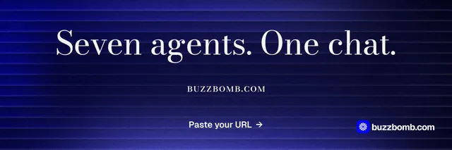 X header for BuzzBomb: "Seven agents. One chat." Minimal luxury style, smallcaps layout, dark palette in black, blue.