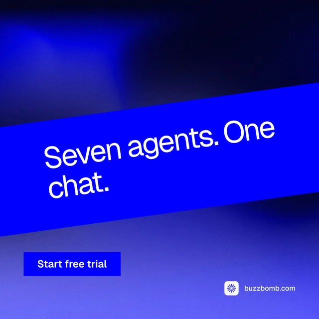 Instagram post for BuzzBomb: "Seven agents. One chat." Swiss style, diagonal layout, dark palette in blue.