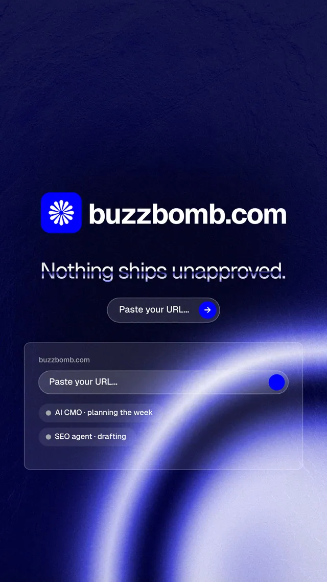 Instagram story for BuzzBomb: "Nothing ships unapproved." Agentic glass style, logo hero layout, dark palette in blue, black.
