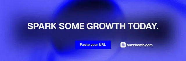 X header for BuzzBomb: "Spark some growth today." Swiss style, centred layout, dark palette in blue.