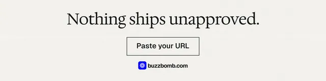 LinkedIn banner for BuzzBomb: "Nothing ships unapproved." Editorial style, skeleton layout, light palette in white.