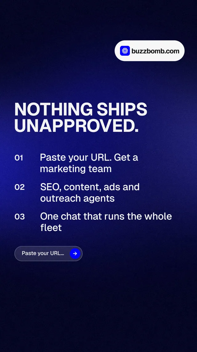 Instagram story for BuzzBomb: "Nothing ships unapproved." Agentic glass style, numbered layout, dark palette in blue, black.