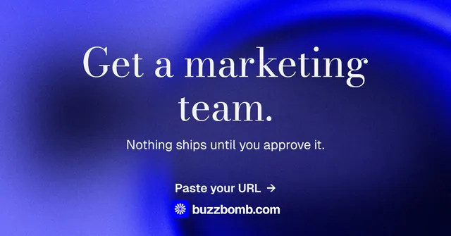 Social ad for BuzzBomb: "Get a marketing team." Minimal luxury style, centred layout, dark palette in blue.