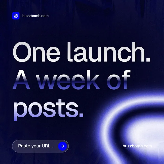 Instagram post for BuzzBomb: "One launch. A week of posts." Agentic glass style, poster layout, dark palette in black, blue.