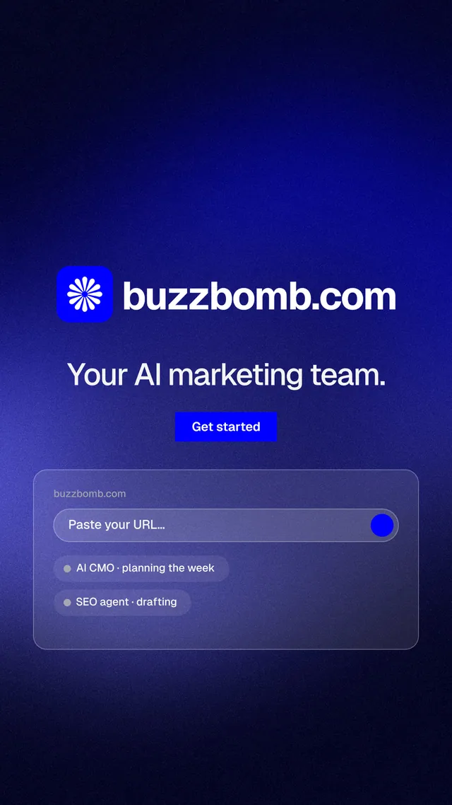 Instagram story for BuzzBomb: "Your AI marketing team." Swiss style, logo hero layout, dark palette in black, blue.