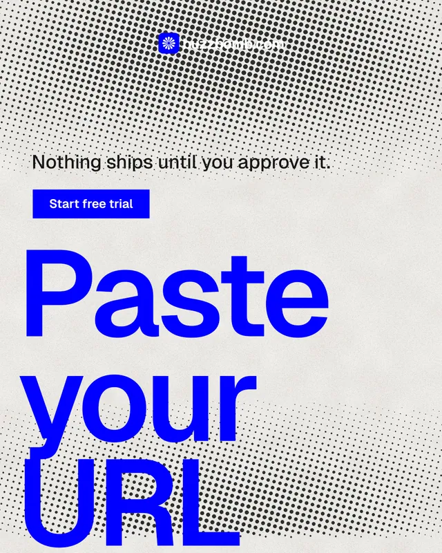 Instagram portrait post for BuzzBomb: "One launch. A week of posts." Swiss style, oversized layout, light palette in grey, white, blue.