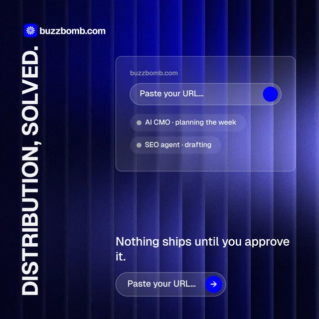 Instagram post for BuzzBomb: "Distribution, solved." Agentic glass style, vertical layout, dark palette in black, blue.
